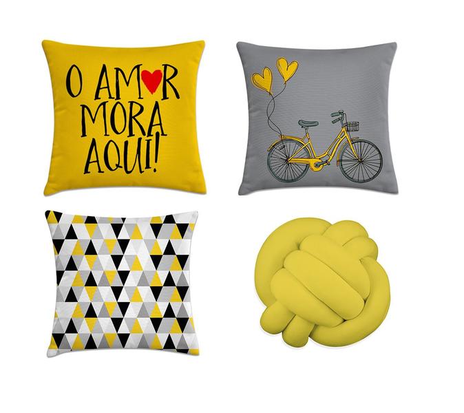 Imagem de kit 3 capas de almofadas geométrica amarelo e cinza 40x40 + 1 almofada nó