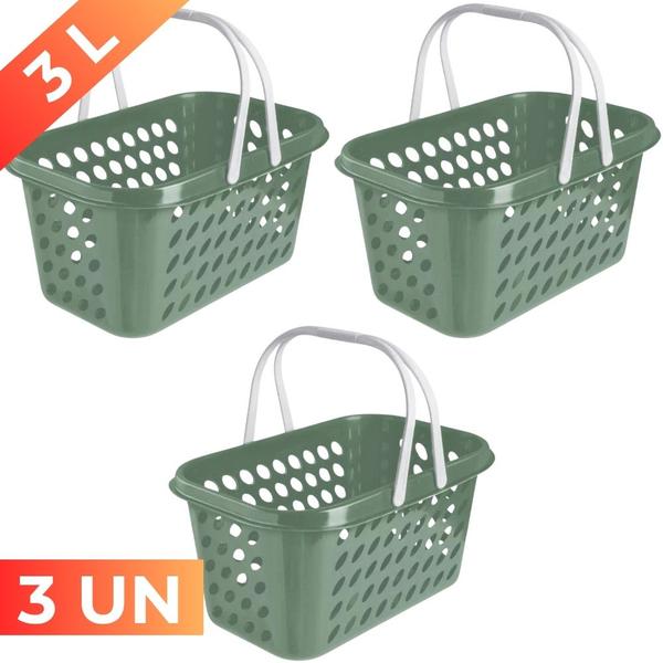 Imagem de Kit 3 Cesta Cestinha Plástica Supermercado Compras 3L c/ Alça Resistente Leve Mulituso Portátil