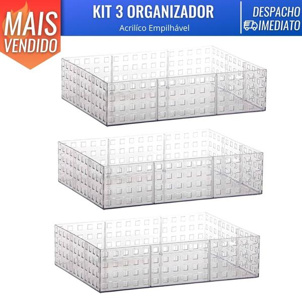 Imagem de Kit 3 Cesto Caixa Organizadora Acrilico Empilhavel Armário Organização de Casa Lavanderia