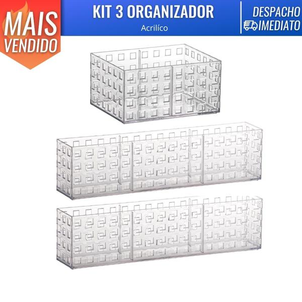 Imagem de Kit 3 Cesto Caixa Organizadora Acrilico Empilhavel Armário Organização de Casa Lavanderia