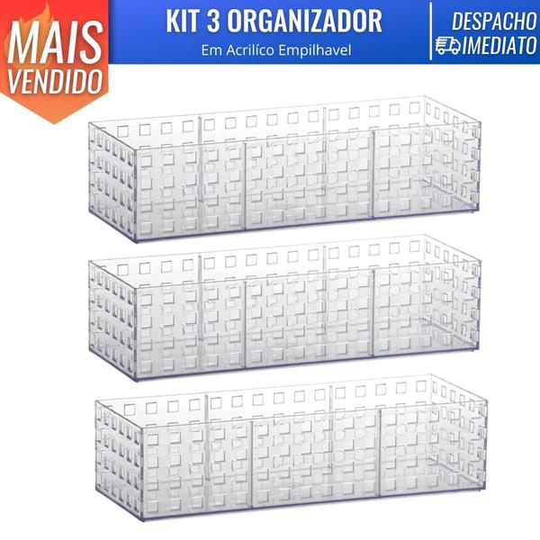 Imagem de Kit 3 Cesto Caixa Organizadora Acrilico Empilhavel Armário Organização de Casa Lavanderia