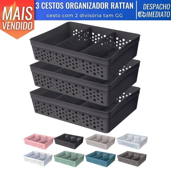 Imagem de Kit 3 Cesto Organizador Rattan c/ 2 Divisórias Tam GG P/ Joias Maquiagem Miudezas