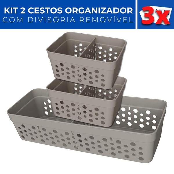 Imagem de Kit 3 Cesto Organizador Rattan c/ Divisória Removível Mini M