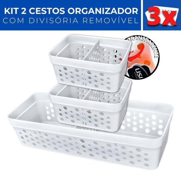 Imagem de Kit 3 Cesto Organizador Rattan c/ Divisória Removível Mini M