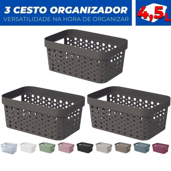 Imagem de Kit 3 Cesto Organizador Trama Rattan s/Tampa 4,5L Multiuso Plástico