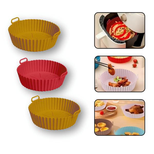 Imagem de Kit 3 Cestos Forma Rendonda Reutilizavel Para Air Fryer Silicone Com Alça 20 cm Antiaderente Cozinha Completa