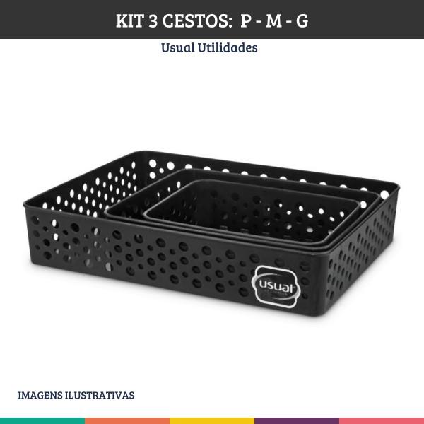 Imagem de Kit 3 Cestos Multiuso P M G Organizadores Preto Usual