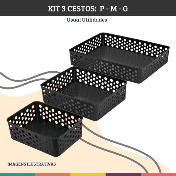 Imagem de Kit 3 Cestos Multiuso P M G Organizadores Preto Usual