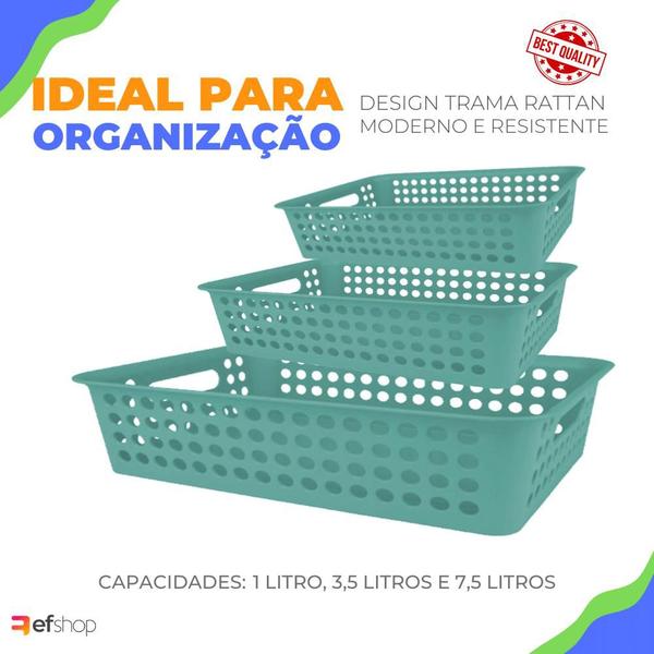 Imagem de Kit 3 Cestos Organizador Gaveta Trama Rattan Multiuso P M G