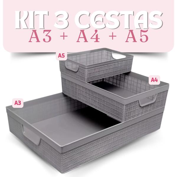 Imagem de Kit 3 Cestos Organizador Juta Multiuso A3 + A4 + A5 Cinza Jaguar Utilidades