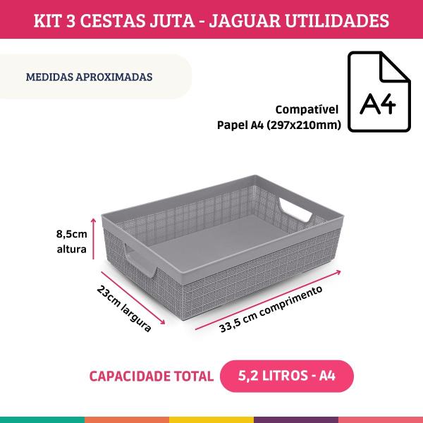 Imagem de Kit 3 Cestos Organizador Juta Multiuso A3 + A4 + A5 Cinza Jaguar Utilidades