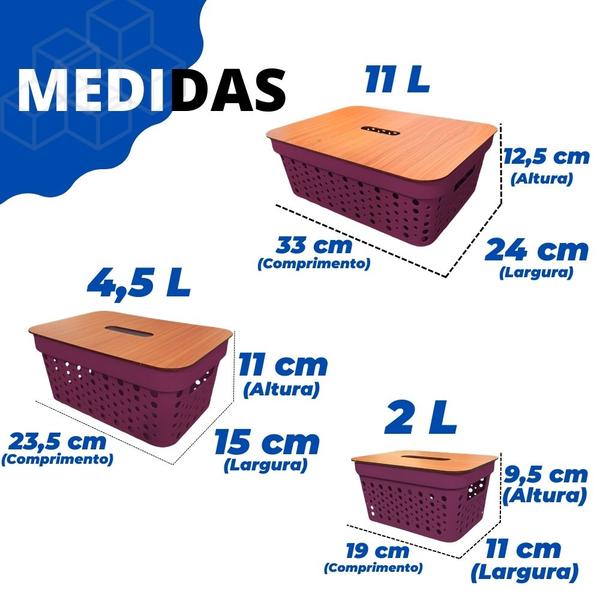 Kit 3 Cestos Organizadores Ármarios Gavetas Com Tampa De Madeira P M G - Ef Home Imagem de Kit 3 Cestos Organizadores Ármarios Gavetas Com Tampa De Madeira P M G