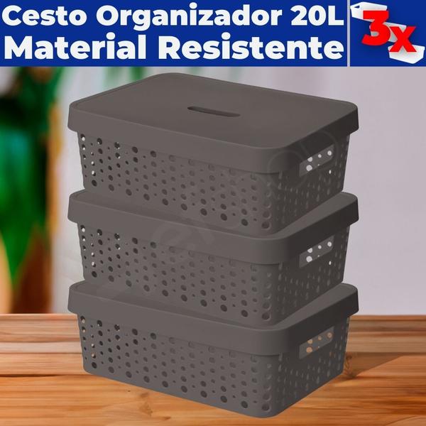 Imagem de Kit 3 Cestos Organizadores C/ Tampa Armário Gaveta Lavanderia 20L (46X34)