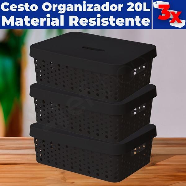 Imagem de Kit 3 Cestos Organizadores C/ Tampa Armário Gaveta Lavanderia 20L (46X34)