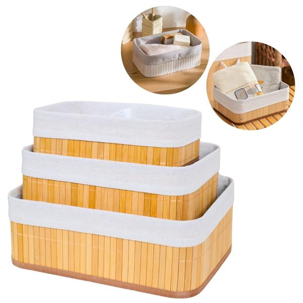 Kit 3 Cestos Organizadores de Bambu Multiuso com Forro - KONTUZ HOME Kit 3 Cestos Organizadores de Bambu Multiuso com Forro - KONTUZ HOME