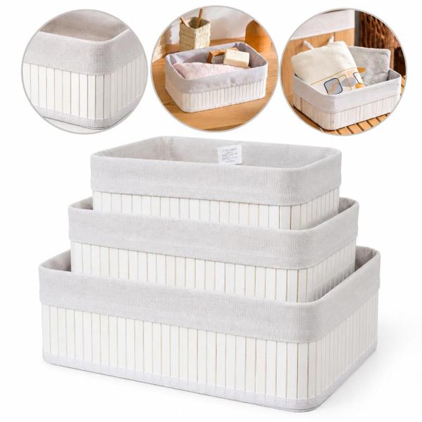 Kit 3 Cestos Organizadores de Bambu Multiuso com Forro - KONTUZ Kit 3 Cestos Organizadores de Bambu Multiuso com Forro - KONTUZ