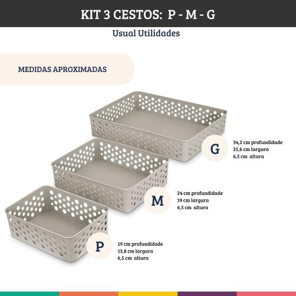 Imagem de Kit 3 Cestos Organizadores P M G Cinza Multiuso Usual