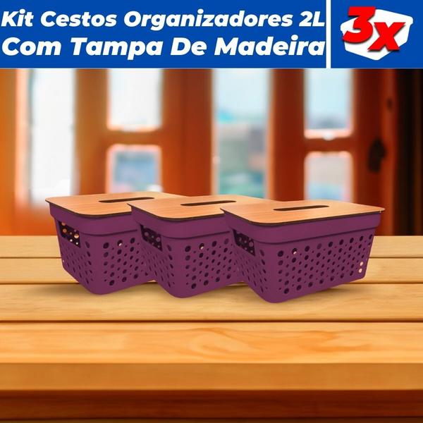 Imagem de KIt 3 Cestos Organizadores Rattan 2L Com Tampa De Madeira