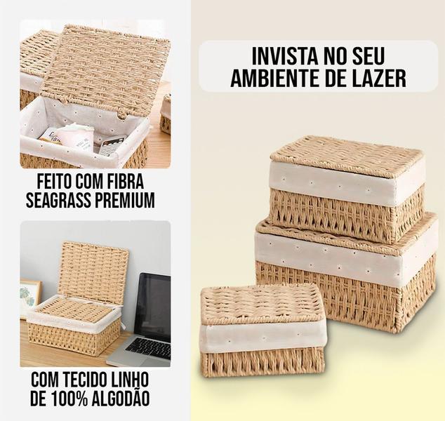 Imagem de Kit 3 Cestos  Seagrass Organizador Multiuso Cesta depequinique Organizadoras Vime Fibra Natural Bandeja palha de milho