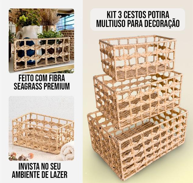 Imagem de Kit 3 Cestos  Seagrass Vime Fibra Natural Organizador Multiuso Cesta de pequinique Organizadoras Vime Fibra Natural Bandeja Palha