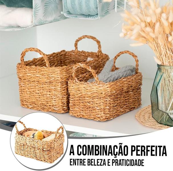 Imagem de Kit 3 Cestos  Seagrass Vime Fibra Natural Organizador Multiuso Cesta de pequinique Organizadoras Vime Fibra Natural Bandeja Palha