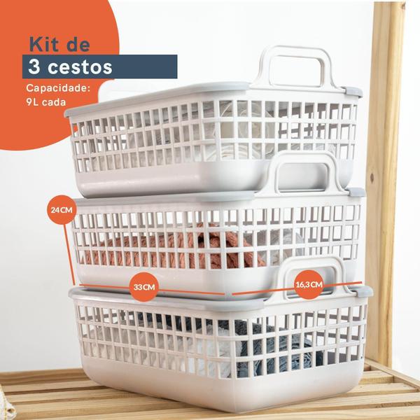 Imagem de Kit 3 Cestos Telado Multiuso 9L Cinza - Oikos