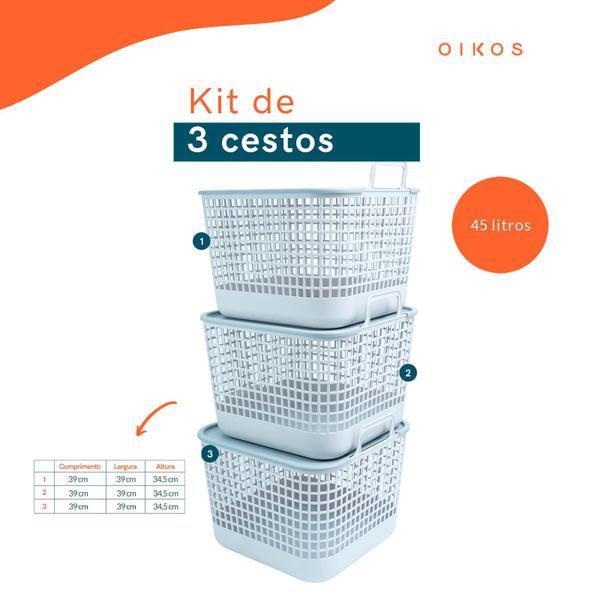 Imagem de Kit 3 cestos telados com tampa de plástico 45l cinza  Oikos
