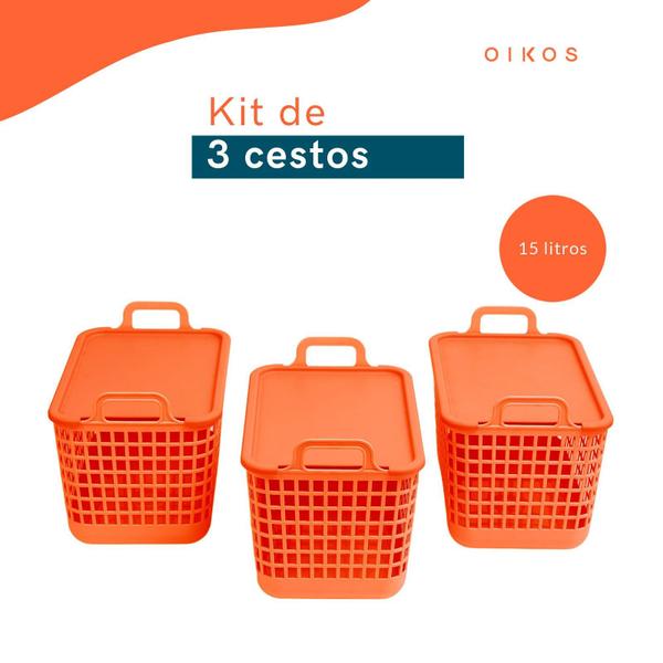 Imagem de Kit 3 cestos telados com tampa e alças de plástico de 15l terracota - Oikos