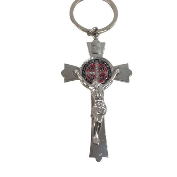 Imagem de Kit 3  Chaveiro Prata religioso com Crucifixo de São Bento Alta Qualidade