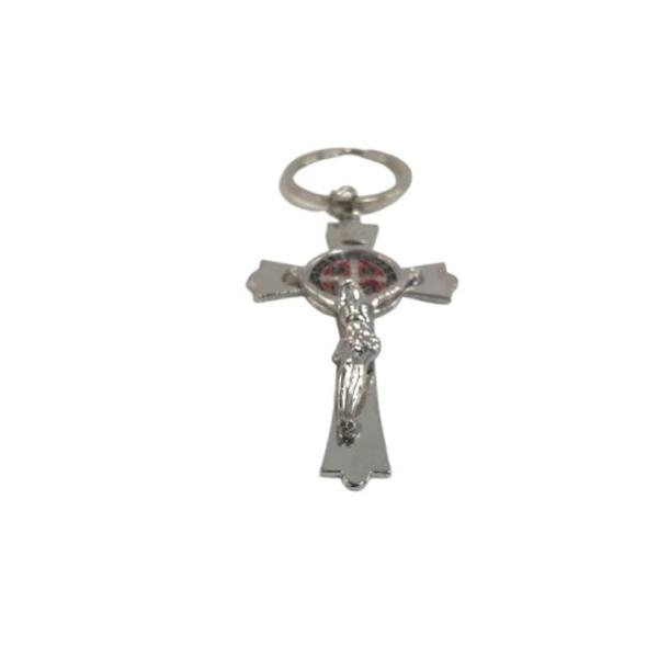 Imagem de Kit 3  Chaveiro Prata religioso com Crucifixo de São Bento Alta Qualidade