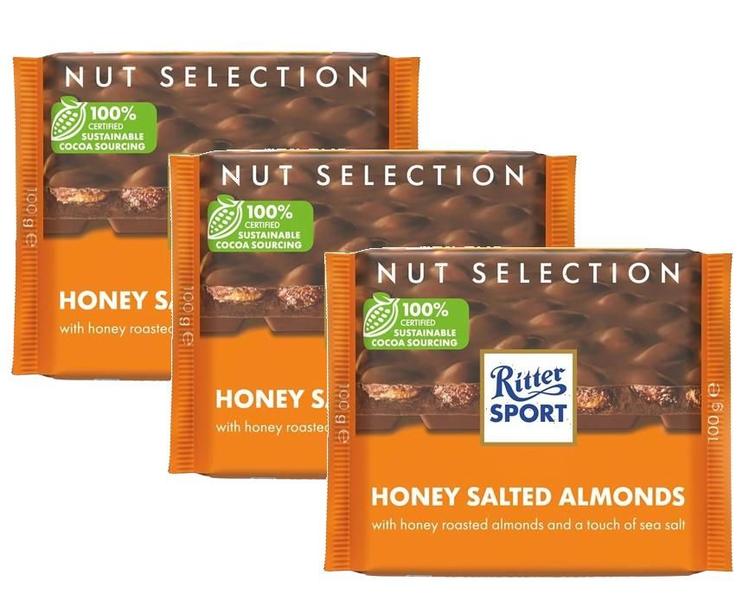 KIT 3 CHOCOLATE RITTER SPORT HONEY SALT ALMONDS Alemão 100G Imagem de KIT 3 CHOCOLATE RITTER SPORT HONEY SALT ALMONDS Alemão 100G