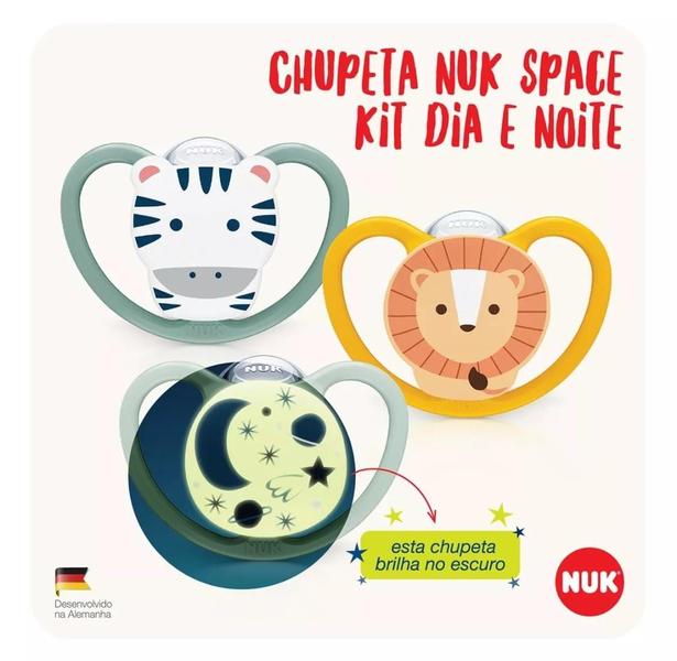 Imagem de Kit 3 Chupetas Dia e Noite Brilha no Escuro Space 18m+ Nuk