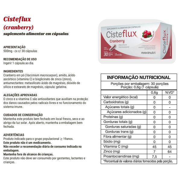 Imagem de Kit 3 Cisteflux Cranberry Vitamina C + Zinco 30 Cápsulas Maxinutri