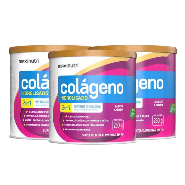 Imagem de Kit 3 Colágeno Hidrolisado Sabor Amora Lata 250g Maxinutri