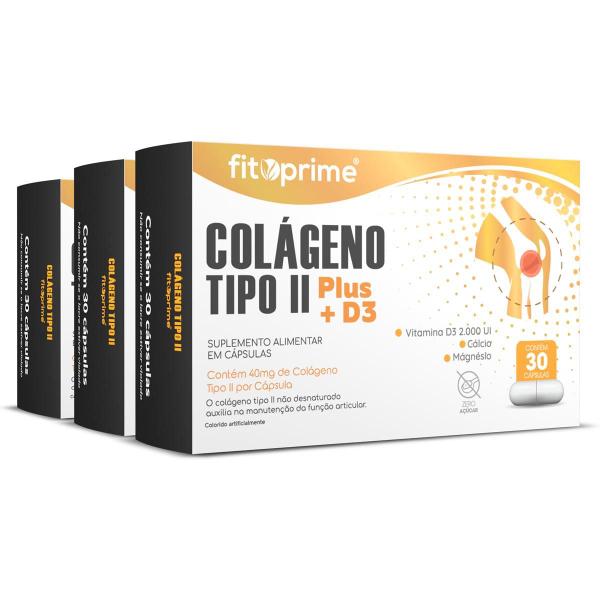 Imagem de Kit 3 Colágeno Tipo 2 Plus com Vitamina D3 Cálcio e Magnésio 30 cápsulas Fitoprime