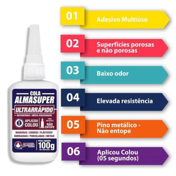 Imagem de Kit 3 Colas Instantânea 100g Almasuper Transparente Média Viscosidade