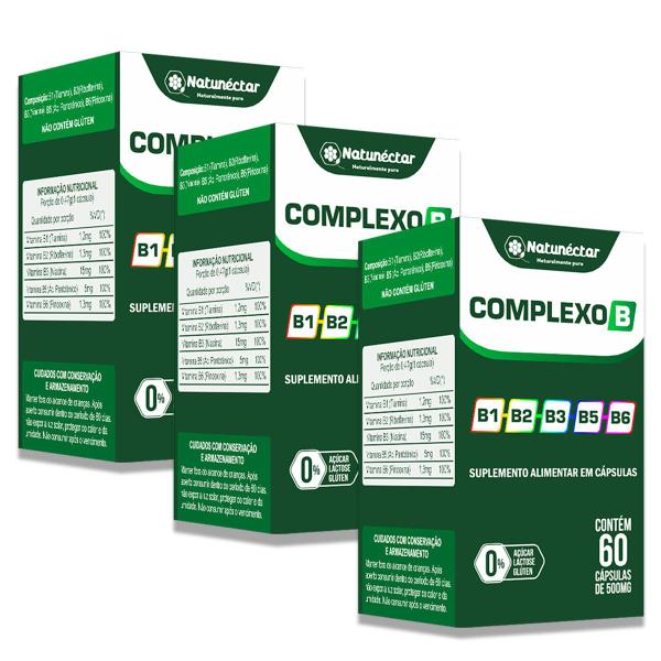 Imagem de Kit 3 Complexo B Suplemento Concentrado Pura Natural Vitamina B1 B2 B3 B5 B6 Natunectar 180 Capsulas 500mg Comprimidos Forma Ativa Vitaminico Completo