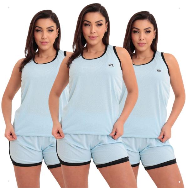 Imagem de Kit 3 Conjunto Short Duplo + Regata Feminino Fitness Treino