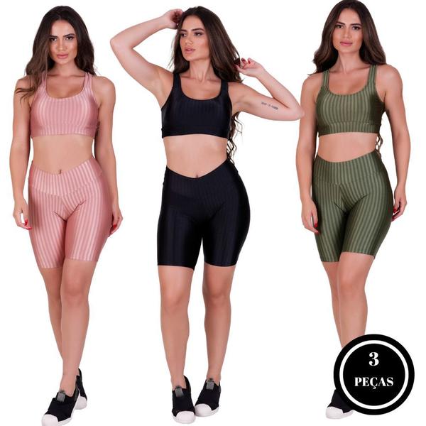 Imagem de Kit 3 Conjunto Top e Bermuda 3D Academia Fitness Bruna PRETO ROSÊ VERDE MUSGO