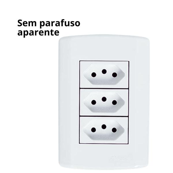 Imagem de kit 3 Conjuntos Tomada Tripla 10A 3 Pinos com Placa 4x2 Bivolt Pluzie Linha Modular Elétrica