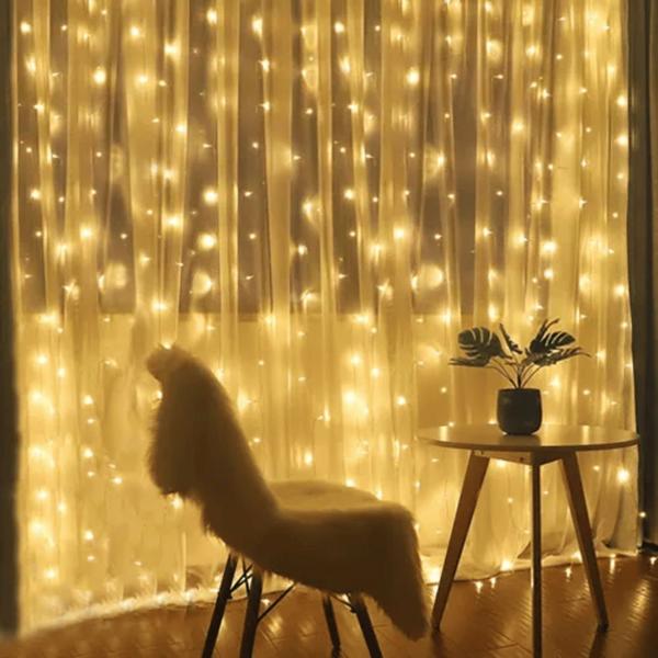 Imagem de Kit 3 Cortinas 500 Leds 4M com Strobo Branco Quente Prova D'agua 220v