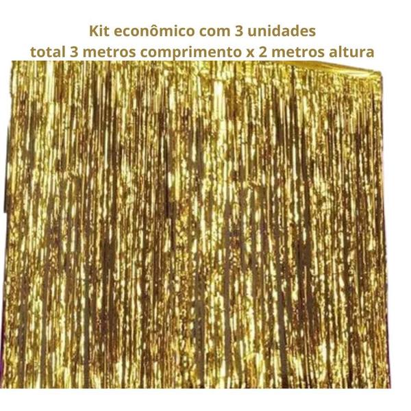 Imagem de Kit 3 Cortinas Metalizado para Festa 1mx2m  Painel Decoração Fita Metalizada Foil Fringe