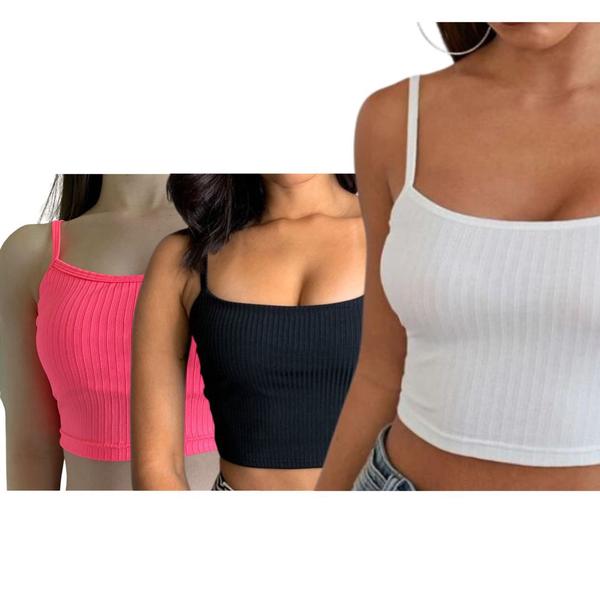 Imagem de Kit 3 Cropped Alcinha Canelado Feminino Top Faixa