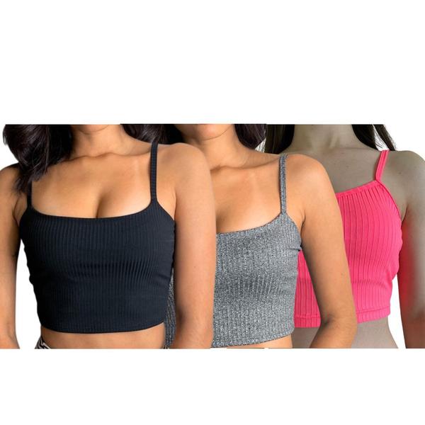 Imagem de Kit 3 Cropped Alcinha Canelado Feminino Top Faixa