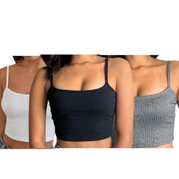 Imagem de Kit 3 Cropped Alcinha Canelado Feminino Top Faixa