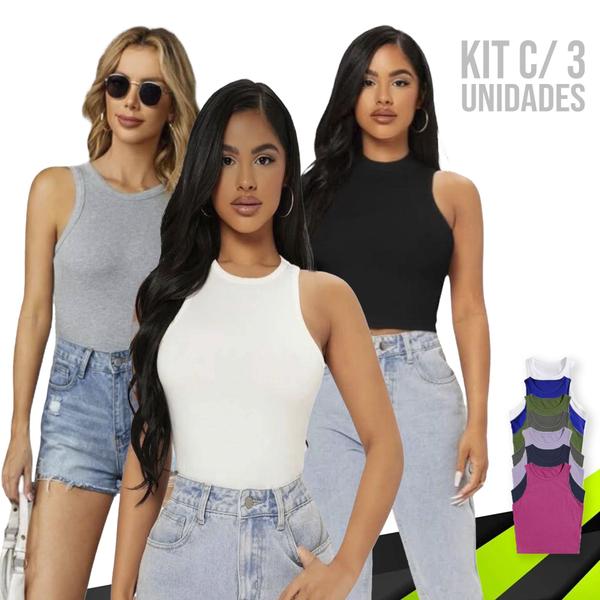 Imagem de Kit 3 CROPPED CANELADOS Regatas Blusinhas Fitness Camiseta Feminina Academia Corrida 847