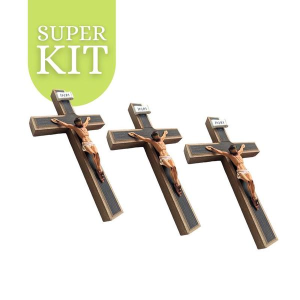 Imagem de Kit 3 Cruz Crucifixo de Madeira 17cm Atacado Revenda