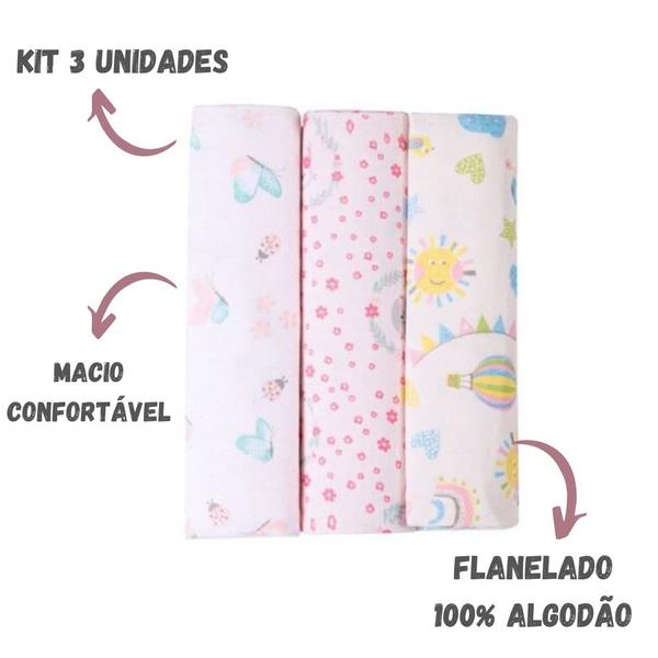 Imagem de Kit 3 Cueiros Papi Flanelados 80x50cm Estampados Menina Rosa