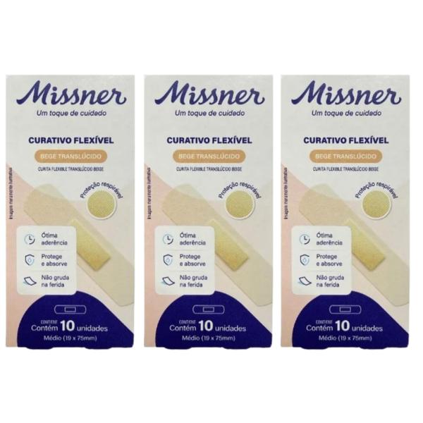 Kit 3 Curativo Flexível Bege 1,9cm X 7,5cm 10Un - Missner Imagem de Kit 3 Curativo Flexível Bege 1,9cm X 7,5cm 10Un - Missner