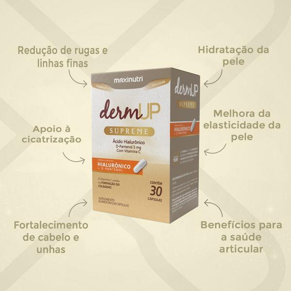 Kit 3 DermUp Supreme Acido Hialurônico D-Pantenol 30 Caps Maxinutri Imagem de Kit 3 DermUp Supreme Acido Hialurônico D-Pantenol 30 Caps Maxinutri